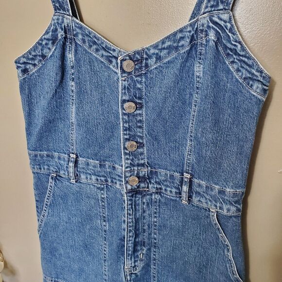 Gap Denim Dress Petite Size 4 Medium Blue Wash V-Neck Button Front Midi - Picture 3 of 12